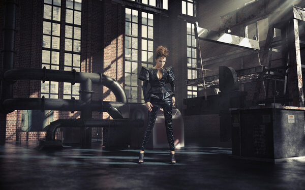 Fashionable photo of woman in old factory