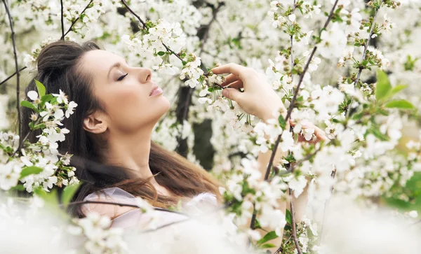 Marvelous brunette relaxing in the ochard — Stock Photo, Image