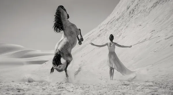 Slimme vrouw met het majestueuze paard — Stockfoto