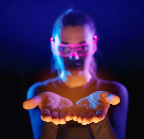 Concetto Tecnologia Futura Sistema Intrattenimento Realtà Virtuale Ritratto Femminile Illuminato — Foto Stock