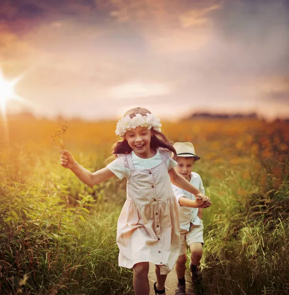 Cute Siblings Summer Meadow — Stock Photo, Image