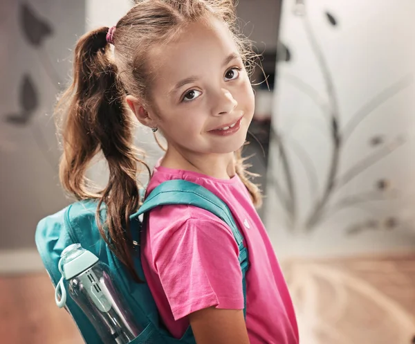 Happy Schoolgirl Backpack Smiling Looking Camera — Stock Photo, Image