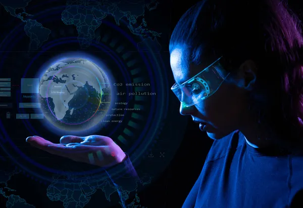 Concepto Tecnología Futura Sistema Entretenimiento Realidad Virtual Retrato Femenino Iluminado — Foto de Stock