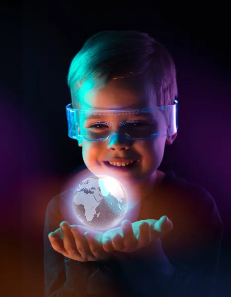 Cute Little Boy Using Digital Glasses Sci Earth Awareness Future — Stock Photo, Image