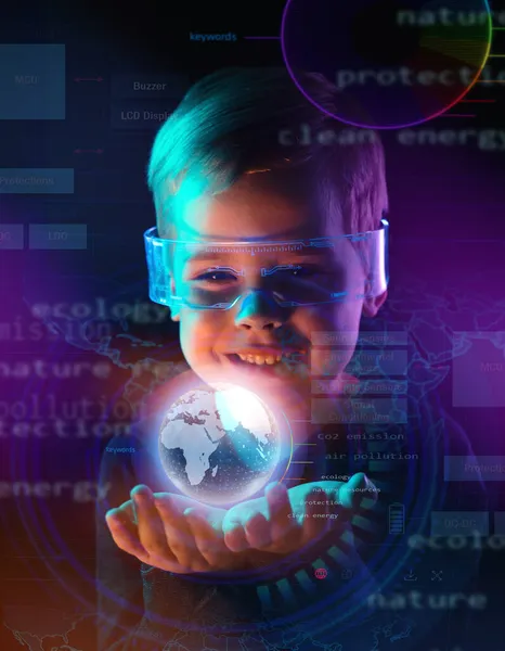 Милий Маленький Хлопчик Використовує Цифрові Окуляри Науково Фантастична Усвідомлення Землі — стокове фото