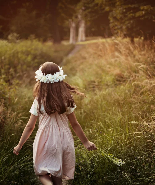 Çiçekli Şirin Bir Kızın Portresi Doğa Açık Hava Doğada Çocuk — Stok fotoğraf