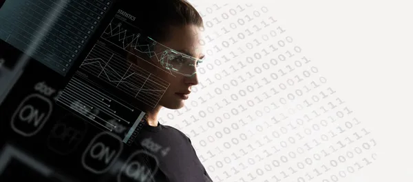 Concepto Tecnología Futura Sistema Entretenimiento Realidad Virtual Retrato Femenino Iluminado Imagen de stock