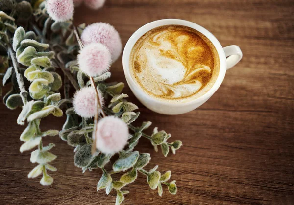 Tasse Kaffee Mit Blumen Vorhanden Morgenkaffee Konzept Stockbild