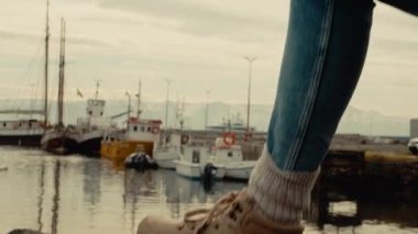 Genç bayan turist İzlanda 'da vakit geçiriyor.