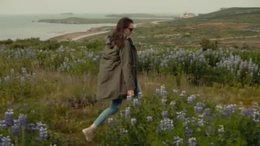 Genç bayan turist İzlanda 'da vakit geçiriyor.