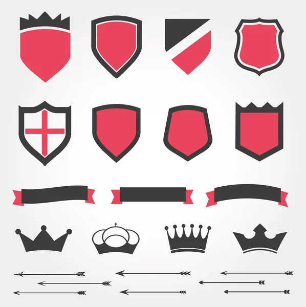 Set vector escudos coronas heráldicas cintas flechas — Vector de stock