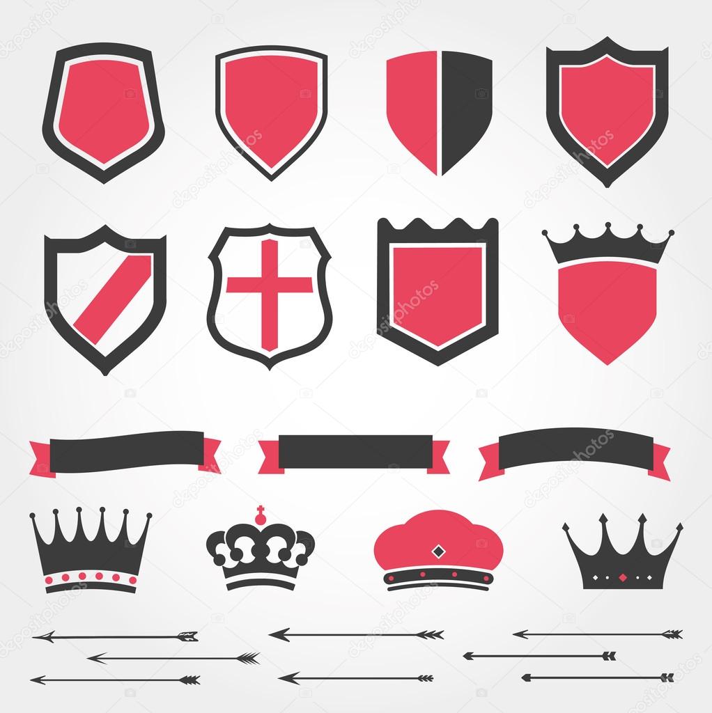 Set vector shields heraldic crowns ribbons arrows
