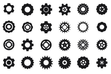 Çarklı düz makine dişli ikonu. Beyaz arkaplandaki siyah makine dişlileri: tekerlek vektörü, dişli takımı, vektör vites kolleksiyonu