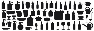 Set of silhouettes of liquid containers. Icons of bottles, glasses...