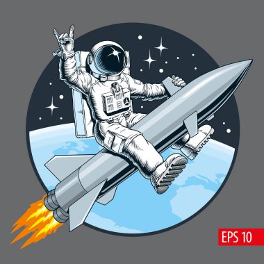 Astronot roket ya da füze kullanıyor. Klasik bilim kurgu stili vektör çizimi.