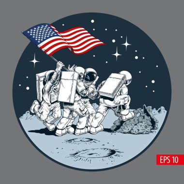 Raising the flag on the Moon. Astronauts with American flag on another planet. Vector illustration. clipart