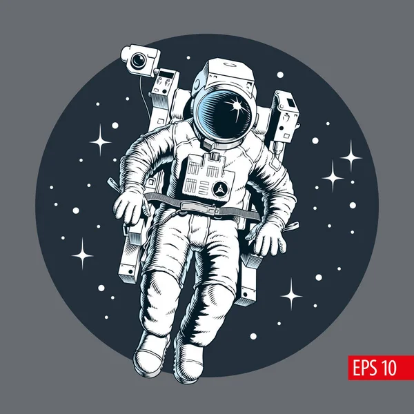 宇宙飛行士はジェットパックを背景に星々を飛び回っています 漫画風ベクトルイラスト — ストックベクタ