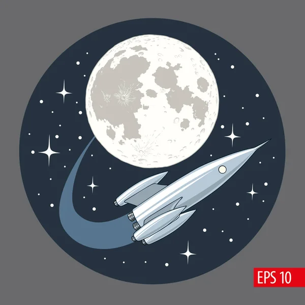 Cohete Espacial Volando Espacio Exterior Alrededor Luna Planeta Ilustración Vectorial — Vector de stock