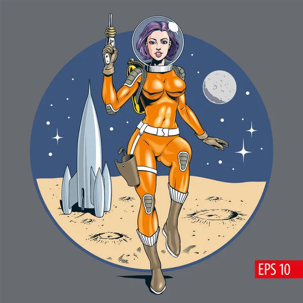 Astronot Gadis Dengan Pistol Blaster Wanita Menarik Orange Latex Spacesuit - Stok Vektor