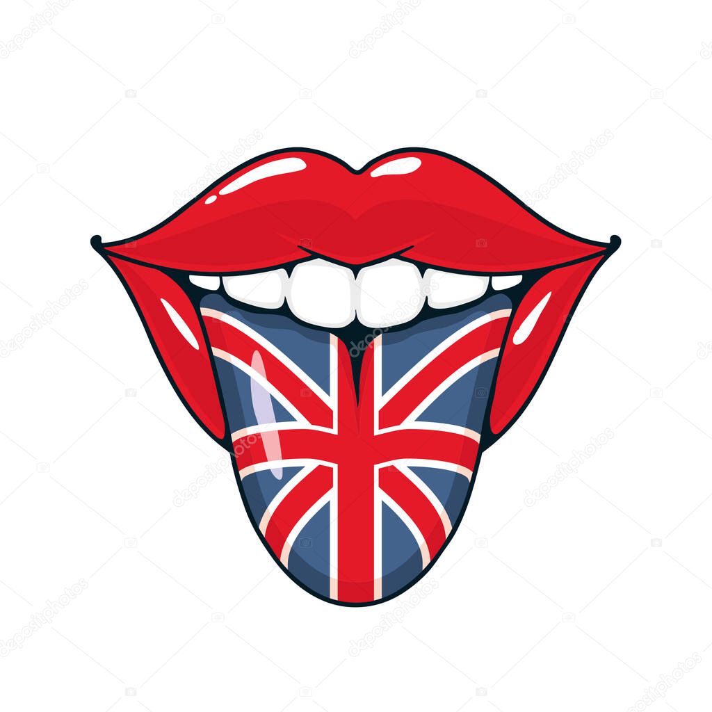 Flag tongue, english language learning or teaching concept. Open smiling mouth with flag of Great Britain. Study English icon. Cartoon style vector illustration.