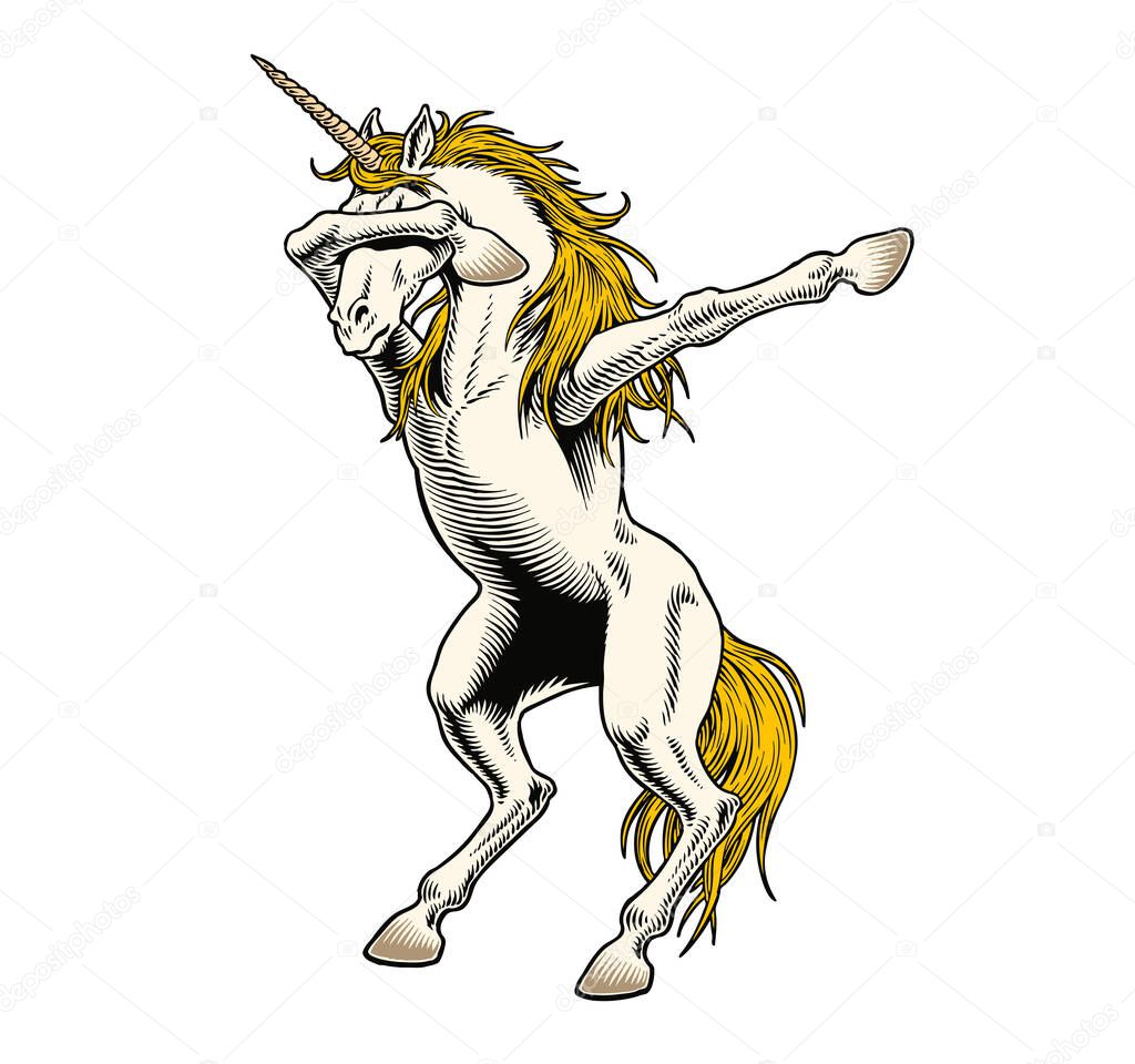 Unicorn  dabbing isolated on white background. Dab meme dance move. Comic style vector illustration.