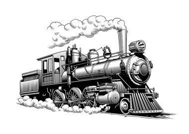 Vintage steam train locomotive, engraving style vector illustration clipart