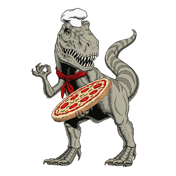 피자를 곁들인 요리사 Tyrannosaurus Pizzaiolo Comic Style Vector Illustration — 스톡 벡터