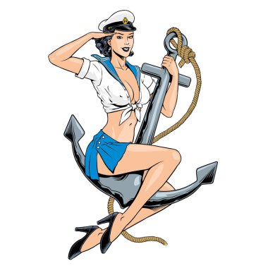 Çapanın üzerinde oturan çekici kaptan kız, denizci kadın. Retro tarzı poster, işaret, tişört ya da dövme tasarımı. Vektör illüstrasyonu.