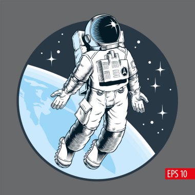 Uzay boşluğunda uçan astronot, sıfır yerçekimi. Arka planda yıldızlar ve gezegen var. Poster ya da tişört tasarımı. Çizgi roman tarzı vektör çizimi.