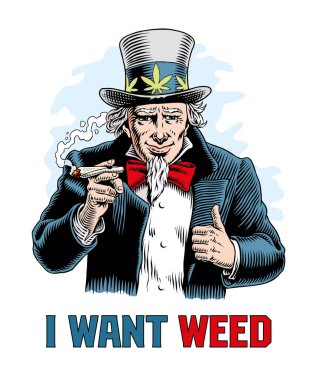 Sam Amca 'nın şapkasında esrar sarılı kenevir yaprakları var. Marihuana konsepti baskısı, poster, kartpostal ya da tişört tasarımını yasallaştırın. Çizgi roman biçimi vektör illüstrasyonu.