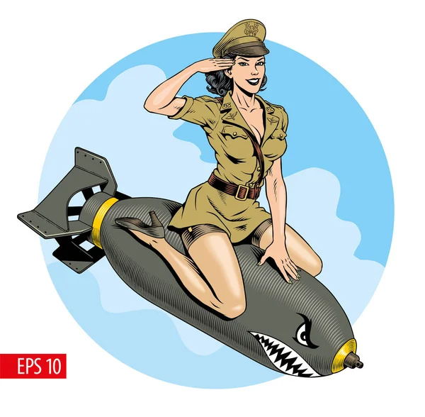 Pinup Style Attractive Young Woman Military Uniform Riding Bomb Poster — Stockový vektor