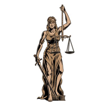 Themis goddess bronze sculpture isolated on white background. Lady justice with scales and sword in hands. Vector illustration.