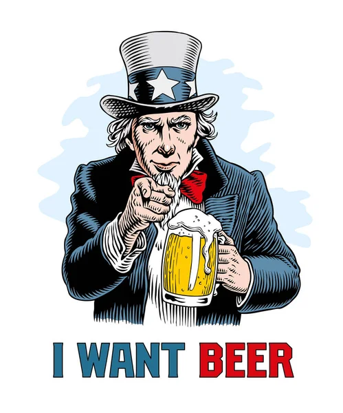 Uncle Sam Holding Beer Mug Pointing Funny Retro Comic Style —  Vetores de Stock