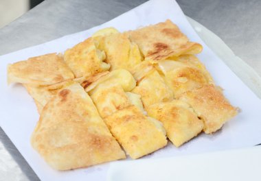 Dessert style of fried Roti with banana in Thailand clipart