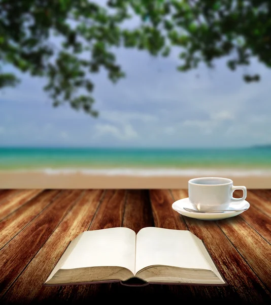 Libro di lettura con tazza calda sull'isola, Relax concept — Foto Stock