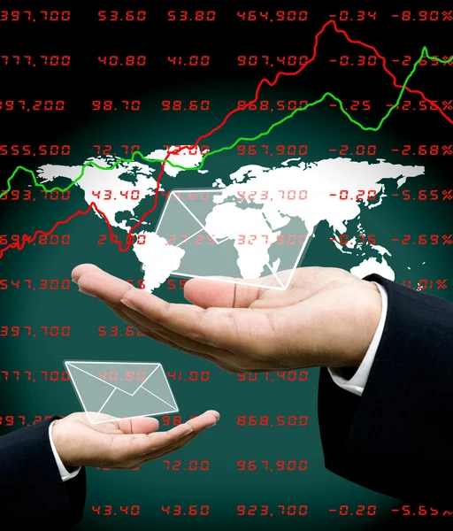 News from stock market to investor hand with world map background — Stock Photo, Image