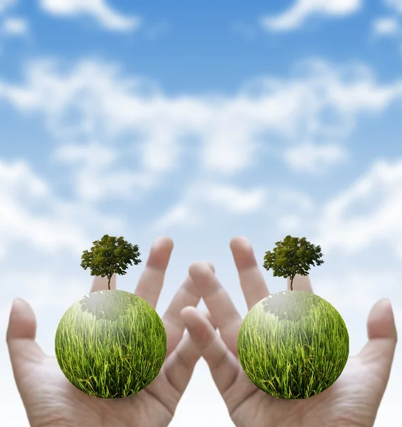 Med ett glödande klot och träd i handen, grönt koncept — Stockfoto