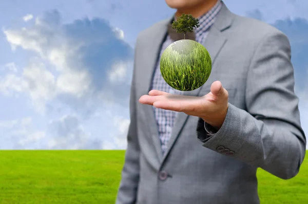 Concepto de negocio verde, planeta verde en la mano — Foto de Stock