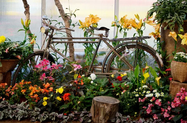 Bicicleta vintage decorar no jardim — Fotografia de Stock