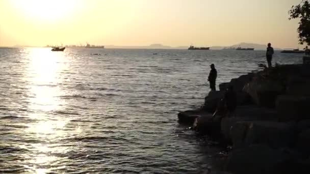 Silhouette Men Fishing Sea — Stock Video