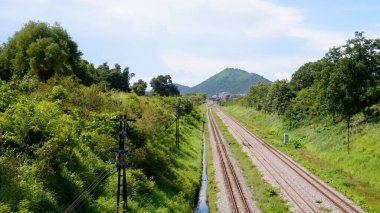 CHONBURI, THAILAND - 28 JUNE : Railway with high angle view on 28 June 2021 in Sriracha, Chonburi, Thailand