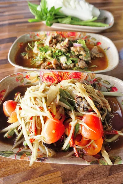 Pittig Thais Eten Papaja Salade Met Zoutkrab Gepekelde Vis — Stockfoto