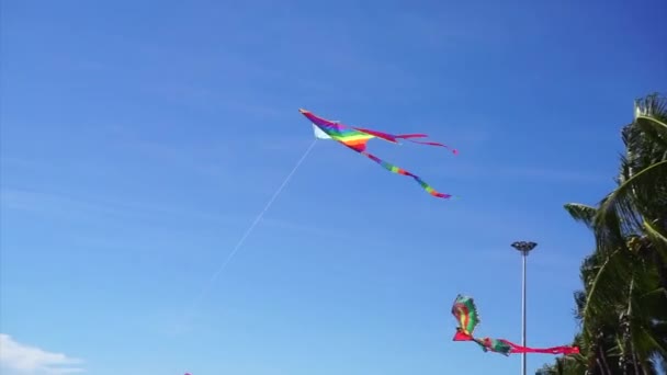 Vibrant Kite Flying Blue Sky Background Vintage Toy — Stock Video