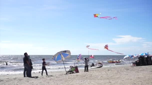 2018年2月19日 曼谷海滩 人们在海上放着生机勃勃的风筝 — 图库视频影像