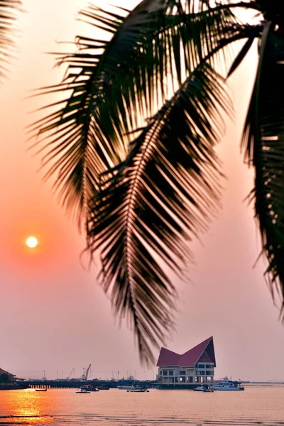 Chonburi Tailandia Abr Arquitectura Muelle Con Cielo Atardecer Silueta Palmera — Foto de Stock