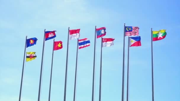 Bangsaen Tailandia Feb Grupo Banderas Nacionales Asean Con Fondo Azul — Vídeo de stock