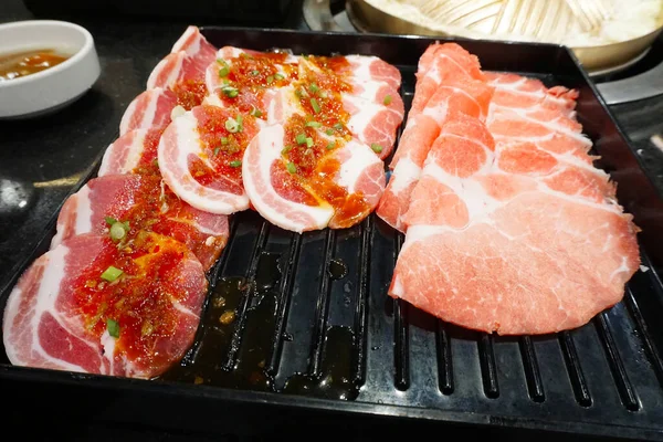 Raw Food Fresh Meat Black Tray Grill — Stock Photo, Image