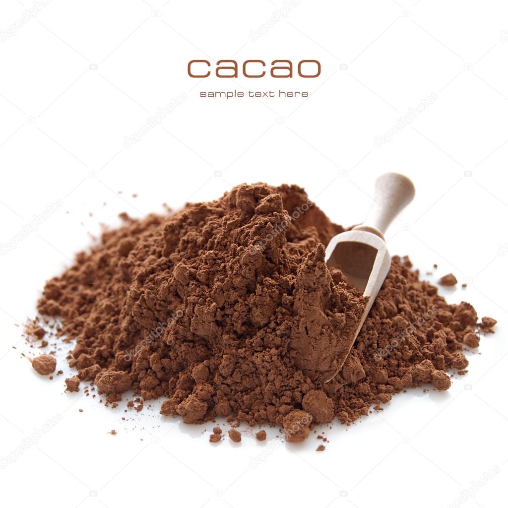 Heap of cocoa powder with wooden scoop