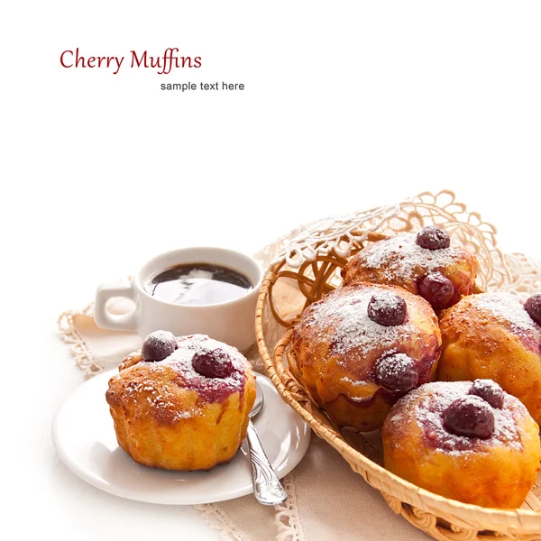 Cherry Muffins with coffee — Stock Photo, Image