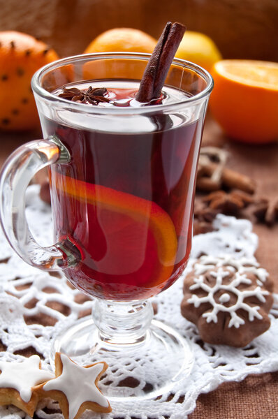 Mulled wine with slice of orange